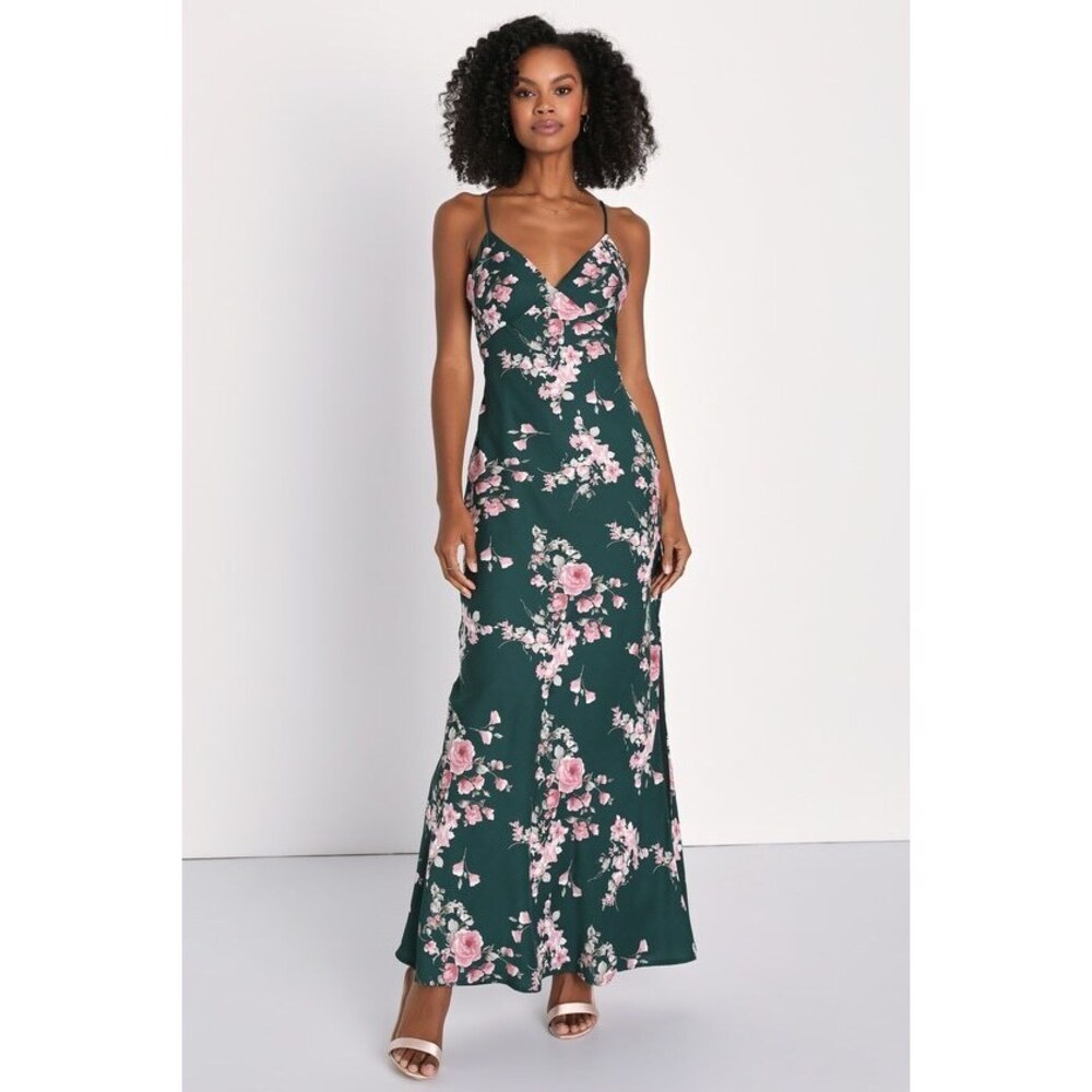Lulus Irresistible Poise Green Floral Print Satin Slip Maxi Dress - Size XS